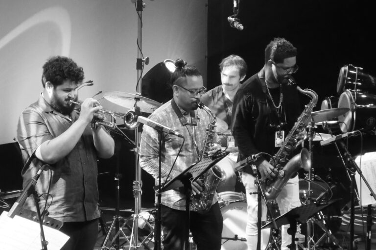 Trumpeter Adam O’Farrill, alto saxophonist Jon Irabagon, tenor saxophonist Mark Shim; drummer Dan Weiss