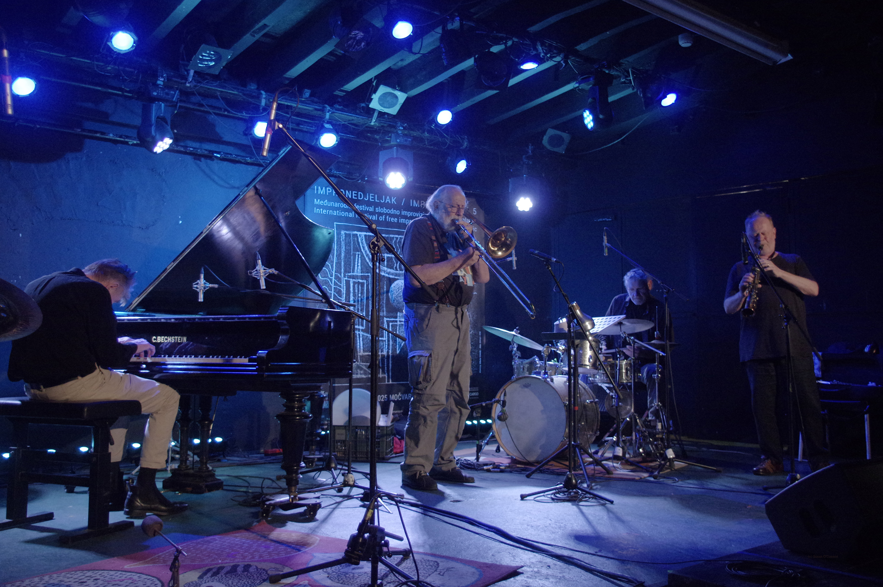 Giancarlo Schiaffini trombone and Harri Sjöström saxophone with Alexander von Schlippenbach piano and Per Ole Jørgensen drums