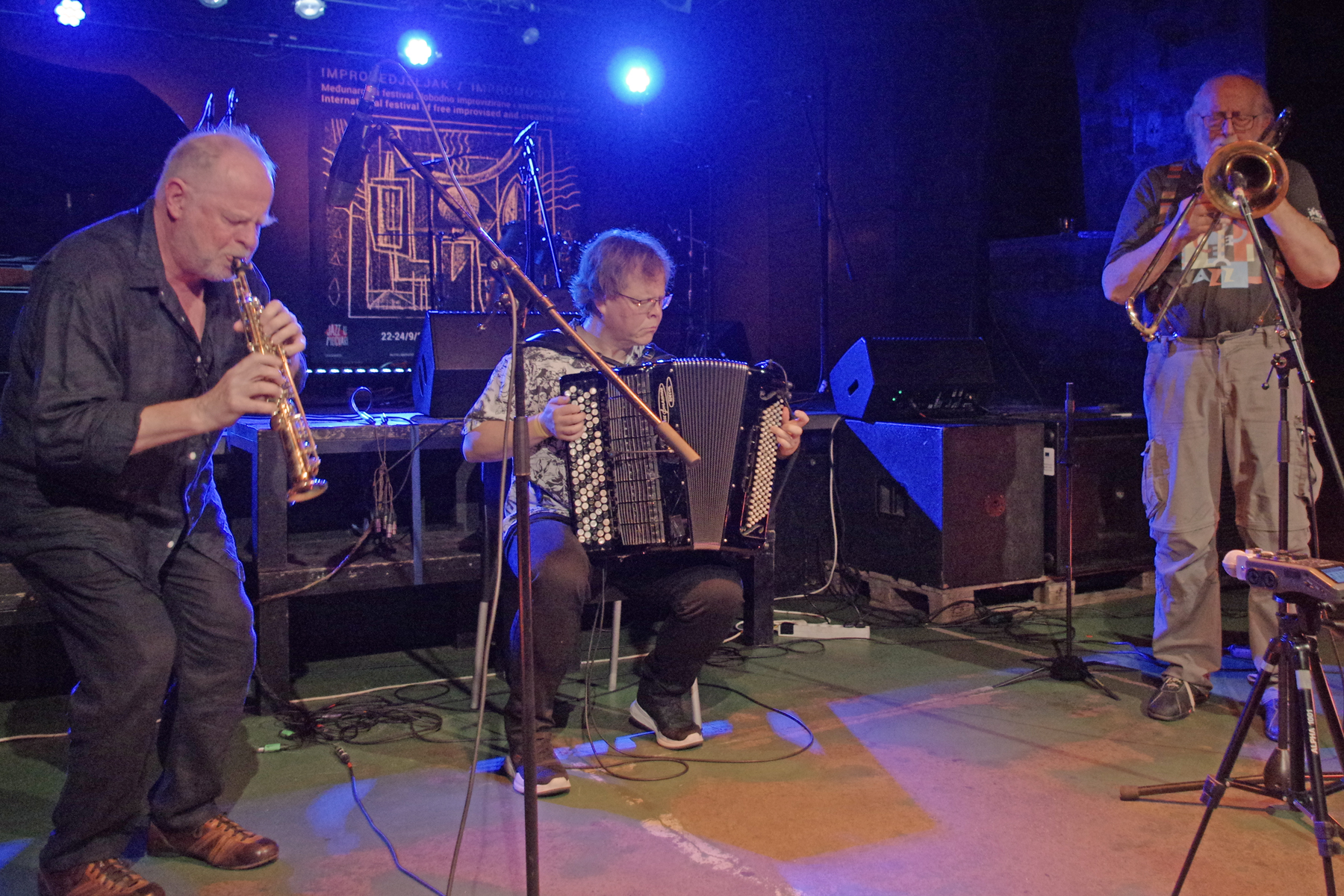 Saxophonist Harri Sjöström, accordionist Veli Kujala and trombonsit Giancararlo Schiaffini 